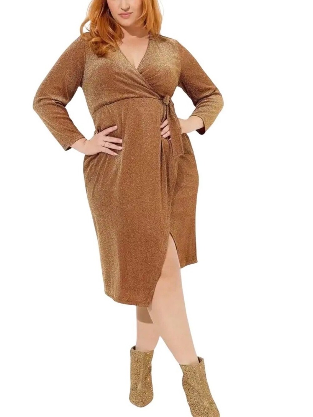 Torrid 0 Glitter Knit Surplice Side Slit Dress Roasted Russet bronze metallic 12